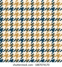 Hounds tooth checked plaid pattern in blue, gold, beige. Seamless dog tooth background vector for scarf, coat, jacket, or other modern womenswear and menswear fashion textile print.