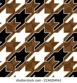 Hounds tooth pattern on brown checkered background. Glen check fabric swatch close-up.