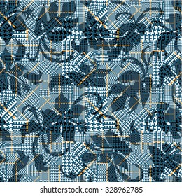 Hounds tooth plaid with abstract hibiscus, vector seamless pattern custom colors