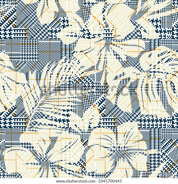 Hounds tooth plaid with abstract hibiscus flowers, vector seamless pattern wallpaper for summer wear fabric