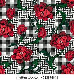 Hounds tooth plaid seamless pattern with baroque ornament. Vector template.