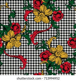 Hounds tooth plaid seamless pattern with baroque ornament. Vector template.