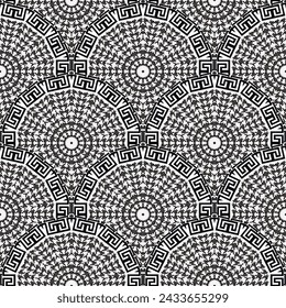 Houndstooth black and white round tiled mandalas seamless pattern. Vector ornamental background. Modern hounds tooth ornaments. Textured design with mandalas, greek key meander frames, circles, zigzag