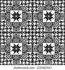 Houndstooth black and white seamless pattern. Vector plaid tartan background. Modern hounds tooth ornaments. Geometric design with greek key meanders square frames, borders, zigzag. Endless texture.