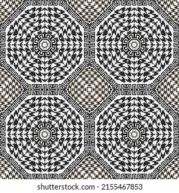 Houndstooth-Schwarz-Weiß-Muster nahtlos. Vektorgrafik-Zierhintergrund. Moderne Zahnobjekte. Geometrisches strukturiertes Design mit Mandalas, griechische Schlüsselrahmen, Zickzack. Endlose Textur.