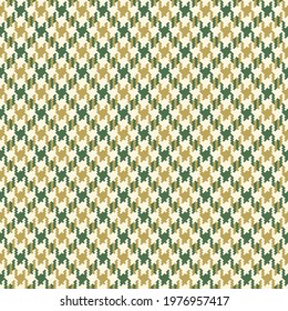 Houndstooth check pattern in gold and green. Pixel seamless dog tooth vector graphic texture for jacket, coat, dress, scarf, other modern spring autumn fashion fabric print. Geometric design.