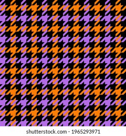 Houndstooth check pattern Halloween seamless vector in orange, purple, black. Classic dog tooth autumn background graphic for dress, scarf, gift paper, other modern October 31 holiday textile design.
