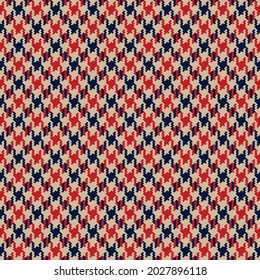 Houndstooth check pattern in navy blue, red, beige for spring autumn winter. Seamless dog tooth tweed tartan pixel background for dress, jacket, coat, skirt, scarf, other fashion textile print.