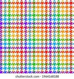 Houndstooth check pattern. Seamless colorful rainbow bright neon dog tooth tweed tartan in white, purple, blue, green, orange, red, yellow for dress, shirt, other autumn winter fabric print.