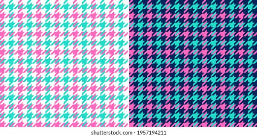 Houndstooth check pattern in tropical pink, green, white. Seamless bright colorful tweed background graphic for dress, jacket, coat, scarf, other trendy everyday womenswear spring fabric design.