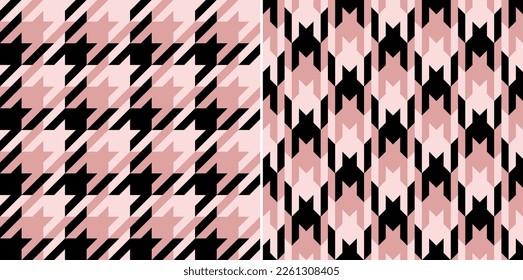 Houndstooth check plaid pattern in powder pink and black for spring autumn winter. Seamless tweed tartan vector graphic set for dress, jacket, coat, scarf, other modern fashion fabric design.