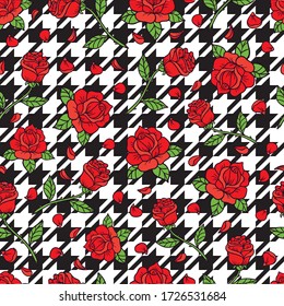 Houndstooth and doodle rose vectot seamless pattern.