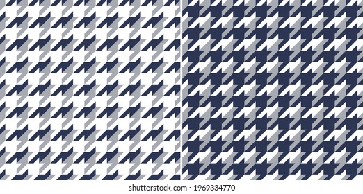 Houndstooth fashion autumn pattern vector in navy blue, grey, white. Seamless geometric tartan check plaid graphic background for coat, scarf, dress, bag, purse, other textile or paper print.