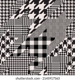 Houndstooth Patchwork Collage In Black And White. Glen Check Fabric Swatch Seamless Pattern.