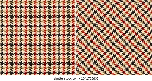 Patrón de gallo para el invierno de otoño en dorado marrón, rojo, negro, beige. Gráfica vectorial de fondo trenzado de píxel pequeño sin brillo para vestido, bufanda, chaqueta, abrigo, otro diseño moderno de moda.