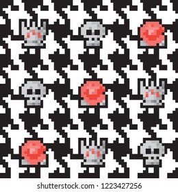 Houndstooth pattern with crowns, roses and skulls