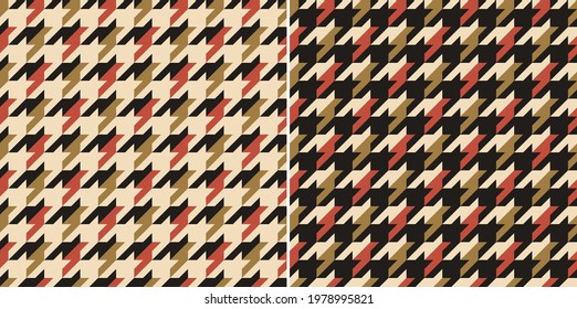 Houndstooth Muster geometrisches Design in Gold, Schwarz, Beige. Nahtlose Hundenzahn-Schal auf grafischem Hintergrund für Schal, Kleid, Jacke, Mantel, andere moderne Herbstmode-Stoffdruck. 