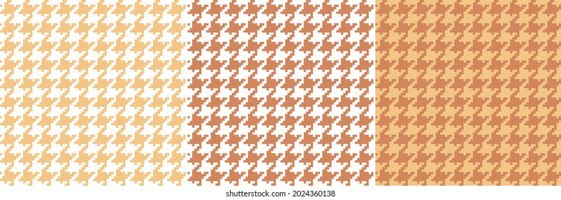 Houndstooth pattern set for autumn in orange, soft yellow, white. Seamless light dog tooth graphic for scarf, coat, dress, other modern fashion fabric design. Pixel goose foot print.