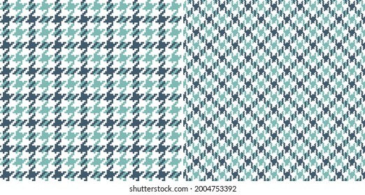 Houndstooth pattern in turquoise blue green and white. Seamless check vector for coat, jacket, scarf, dress, other modern spring autumn fashion textile print. Pixel dog tooth graphic background.