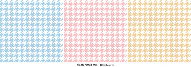 Houndstooth patterns spring in blue, pink, yellow, white. Seamless dog tooth traditional classic pastel vector check backgrounds for coat, jacket, skirt, scarf, or other modern fashion fabric design.