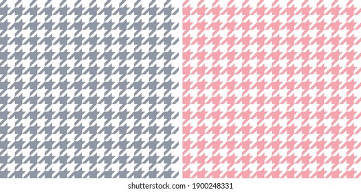 Houndstooth patterns spring summer in grey pink white. Seamless dog tooth traditional classic vector check backgrounds for coat, jacket, skirt, scarf, or other modern fashion fabric design.