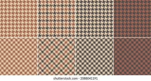 Houndstooth pixel check plaid pattern set in brown, grey, beige. Seamless spring autumn winter dog tooth graphic for scarf, coat, dress, other modern fashion textile design. Neutral goose foot print.