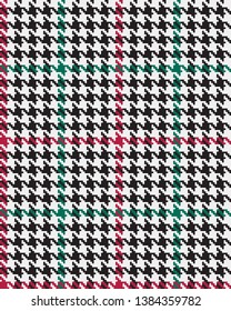 Houndstooth Plaid in Black & White with Red & Green Details--Seamless Pattern Vector Illustration