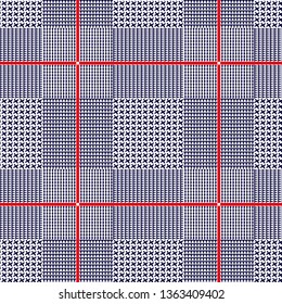 Houndstooth Plaid Vector Pattern with Red Stripes for textile print