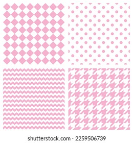 Houndstooth, polka dots and zig zag seamless pastel vector pattern set. Traditional Scottish plaid fabric collection for website tile background or desktop wallpaper in white and peach color