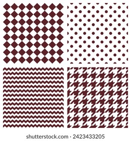 Houndstooth, polka dots and zig zag seamless pastel vector pattern set. Traditional Scottish plaid fabric collection for website tile background or desktop wallpaper in white and brown color
