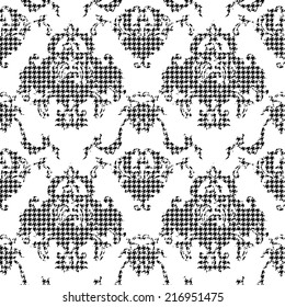 Hounds-tooth seamless pattern with baroque ornament.