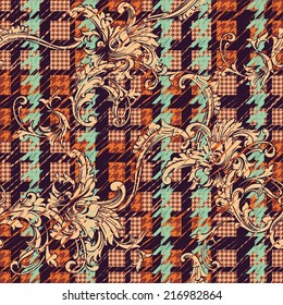 Hounds-tooth seamless pattern with baroque ornament.