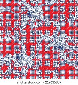 Hounds-tooth seamless pattern with baroque ornament.