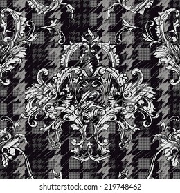 Hounds-tooth seamless pattern with baroque ornament. 