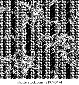 Hounds-tooth seamless pattern with baroque ornament. 