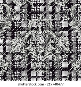 Hounds-tooth seamless pattern with baroque ornament. 