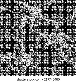 Hounds-tooth seamless pattern with baroque ornament. 
