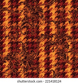 Hounds-tooth seamless pattern with baroque ornament. 