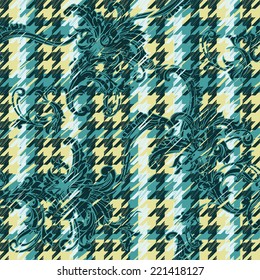 Hounds-tooth seamless pattern with baroque ornament. 