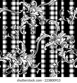 Hounds-tooth seamless pattern with baroque ornament.