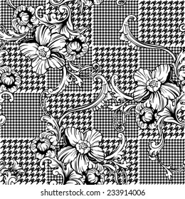 Hounds-tooth seamless pattern with baroque ornament. Vector illustration