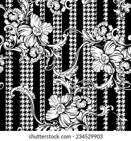 Hounds-tooth seamless pattern with baroque ornament. Vector illustration 