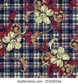 Hounds-tooth seamless pattern with baroque ornament. Vector illustration 