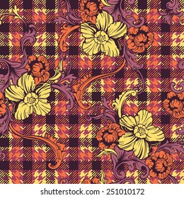 Hounds-tooth seamless pattern with baroque ornament. Vector illustration 