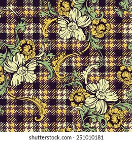 Hounds-tooth seamless pattern with baroque ornament. Vector illustration 