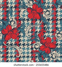 Hounds-tooth seamless pattern with baroque ornament. Vector illustration 