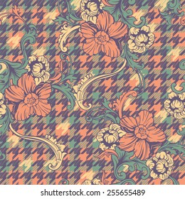 Hounds-tooth seamless pattern with baroque ornament. Vector illustration 