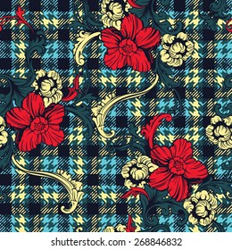 Hounds-tooth seamless pattern with baroque ornament. Vector illustration 