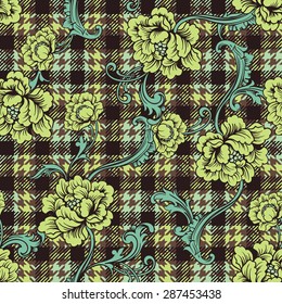 Hounds-tooth seamless pattern with baroque ornament. Vector illustration 
