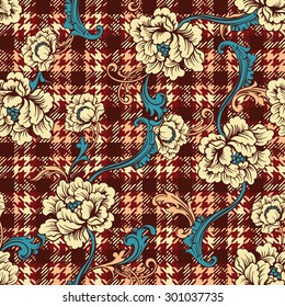 Hounds-tooth seamless pattern with baroque ornament. Vector illustration 
